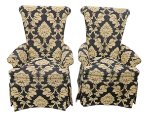 1990s 2 Ethan Allen Custom Wing Roll Armchairs Demask Tapestry Pattern Baroque Style