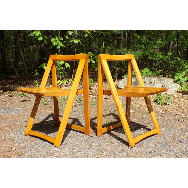 Vintage Mid Century Trieste Style Folding Slat Chairs Romania Aldo Jacober - Set 4 For Sale - Image 9 of 11