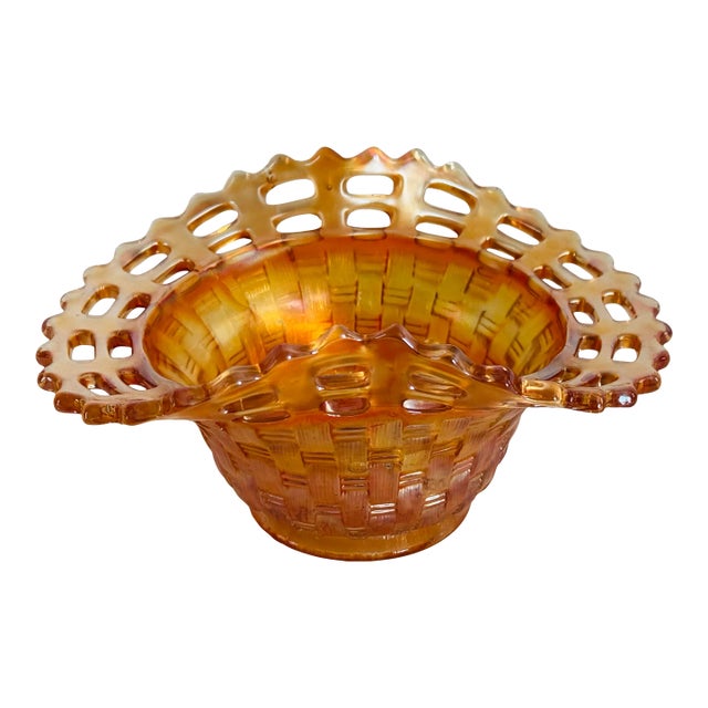 1910s Fenton Marigold Carnival Glass Blackberry Basketweave Bowl For Sale