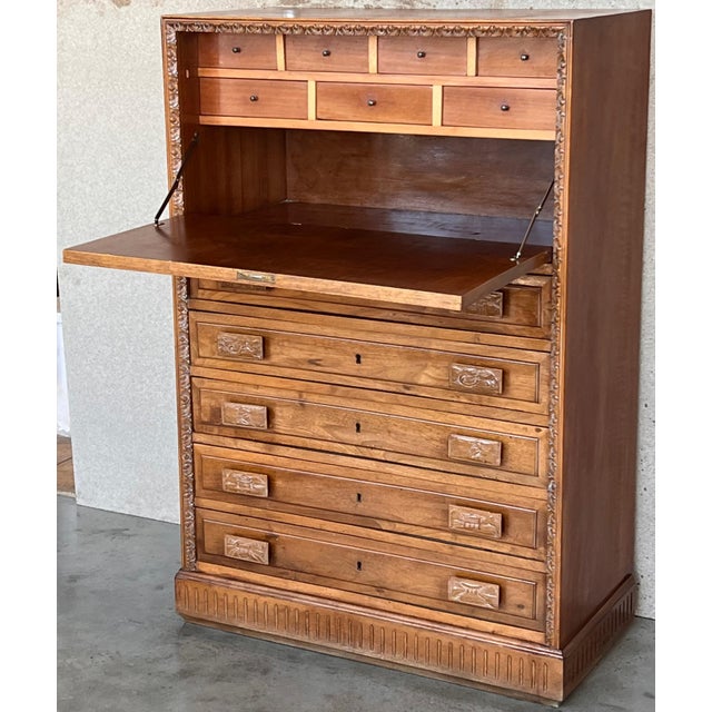 Spanish Fall-Front Secretary Desk in Carved Oak, Spain, circa 1950 For Sale - Image 4 of 18