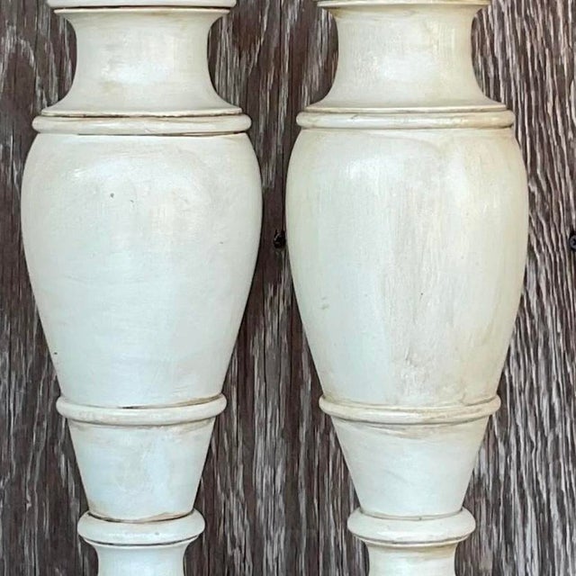 Eggshell Vintage Boho Faux Finished Turned Wood Lamps- a Pair For Sale - Image 8 of 12