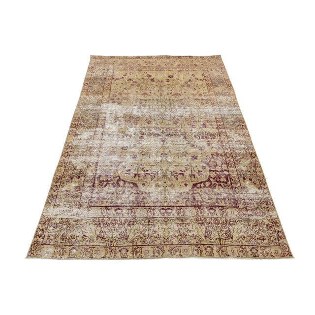 Antique Kerman Rug With Distressed Gold & Mulberry Floral Motif For Sale - Image 4 of 8
