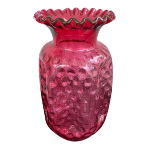 Vintage Fenton Cranberry Pinch Coin Dot Overlay Art Glass Vase With Ruffled Rim – 8.25”