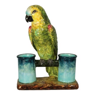 Late 19th Century Delphin Massier Majolica Parrot Figural Vase For Sale