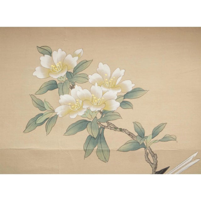 Post 1940s Showa Era Japanese Silk Scroll "Rosefinch, Camellias and Lilies" For Sale - Image 4 of 12