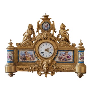 19th C. French Lévy Frères Napoleon III Gilt Bronze & Porcelain Mantel Clock For Sale