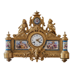 19th C. French Lévy Frères Napoleon III Gilt Bronze & Porcelain Mantel Clock