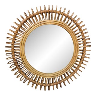 Vintage Round Rattan Mirror Inspired by Franco Albini For Sale