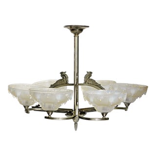 Art Deco Chandelier by Ezan Opalescent Icicle Shades For Sale