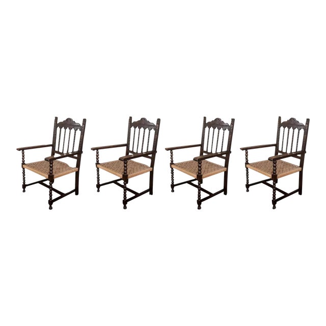 19th Century Spanish Colonial Altar Carved Armchairs With Cane Seat, Set of 4 For Sale