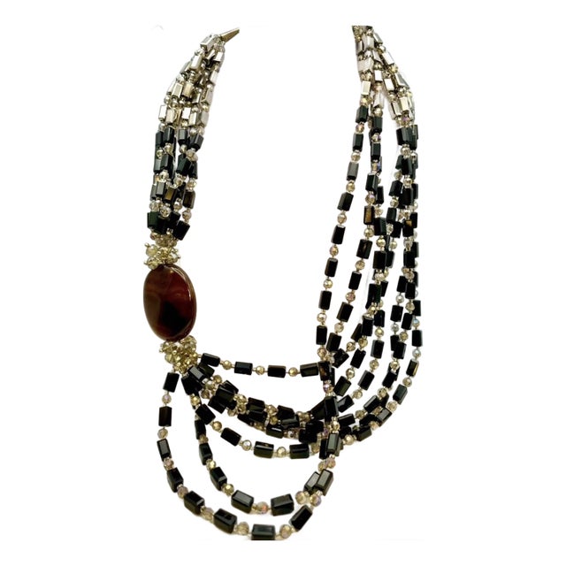 1980s Large Multi-Strand Fire Agate Gemstone Pendant Necklace & Crystal Bead For Sale