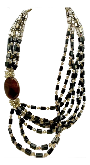 1980s Large Multi-Strand Fire Agate Gemstone Pendant Necklace & Crystal Bead