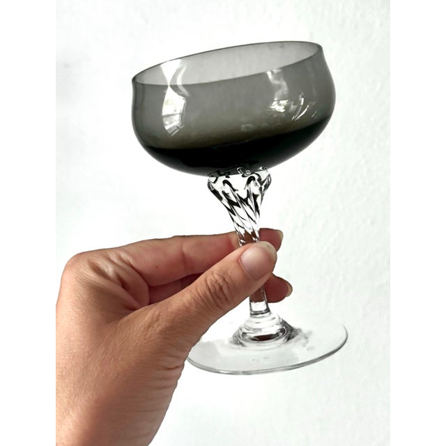 Mid-Century Modern Mid-Century Sasaki Coronation Smoke Glassware Set of 41, Twisted Stem Cocktail Glasses & Tumblers, Japan For Sale - Image 3 of 11