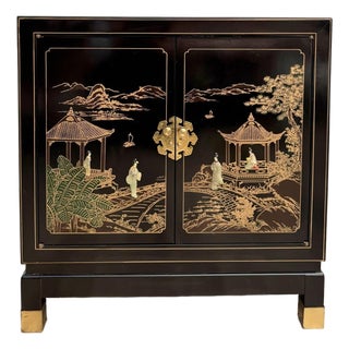 Vintage Chinoiserie Black Lacquer Nightstand Cabinet With Carved Stone Figures For Sale