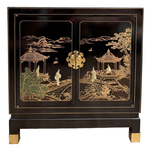 Vintage Chinoiserie Black Lacquer Nightstand Cabinet With Carved Stone Figures For Sale