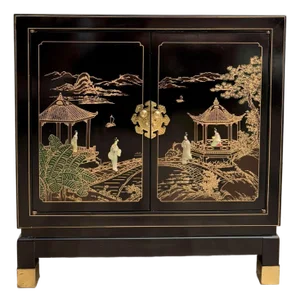 Vintage Chinoiserie Black Lacquer Nightstand Cabinet With Carved Stone Figures