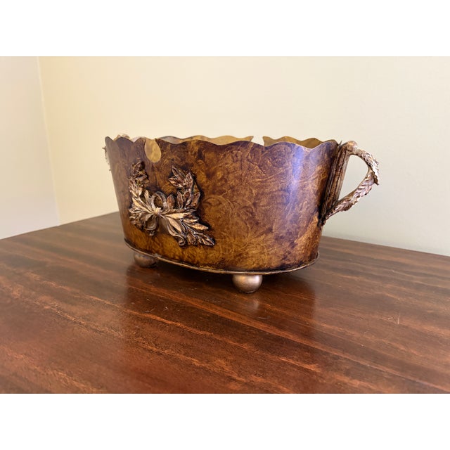 English Vintage Neoclassical Faux Bois Tole Cachepot With Laurel Wreath Mounts For Sale - Image 3 of 11