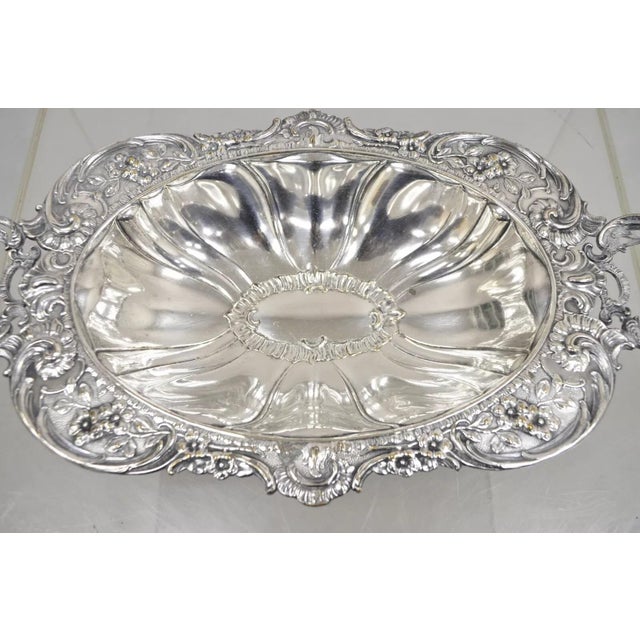 Victorian Vintage English Victorian Floral Repousse Ornate Twin Handle Footed Dish Bowl For Sale - Image 3 of 12