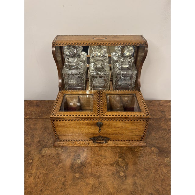 Late 19th Century Antique Victorian Oak Marquetry Strung Tantalus, 1880, Set of 6 For Sale - Image 5 of 9