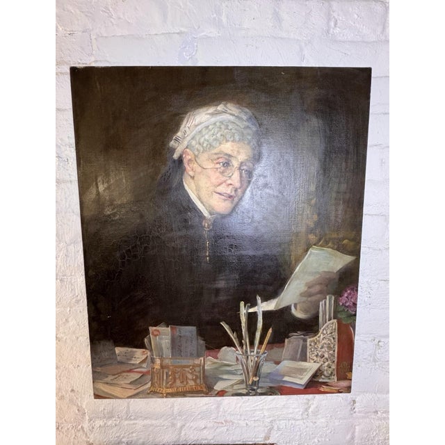 Antique 1903 Oil Portrait Painting Elderly Woman Reading Letter 25” X 30” For Sale - Image 10 of 12