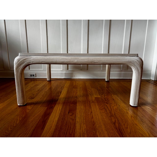 Wood Vintage 1970's Split Reed Waterfall Coffee Table With Glass Top & Matching End Table For Sale - Image 7 of 18