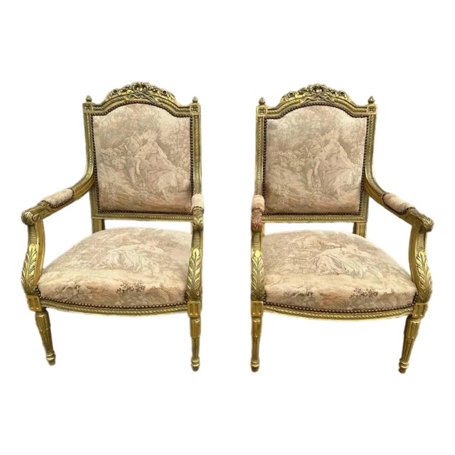 1950s Pair of Louis XVI–Style Giltwood Armchairs With 22k Gold Leaf For Sale