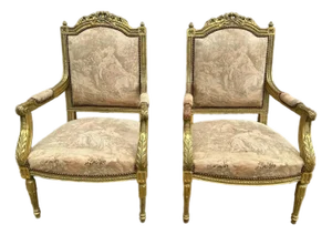 1950s Pair of Louis XVI–Style Giltwood Armchairs With 22k Gold Leaf