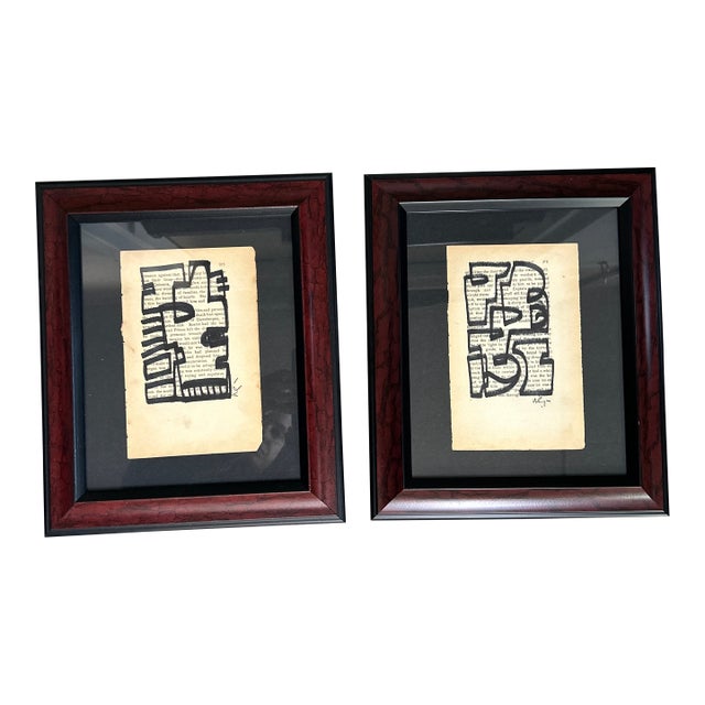 Two Contemporary Original Wayne Cunningham Abstract Marker Drawings on Vintage Book Paper - Set of Two For Sale