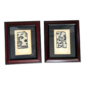 Two Contemporary Original Wayne Cunningham Abstract Marker Drawings on Vintage Book Paper - Set of Two