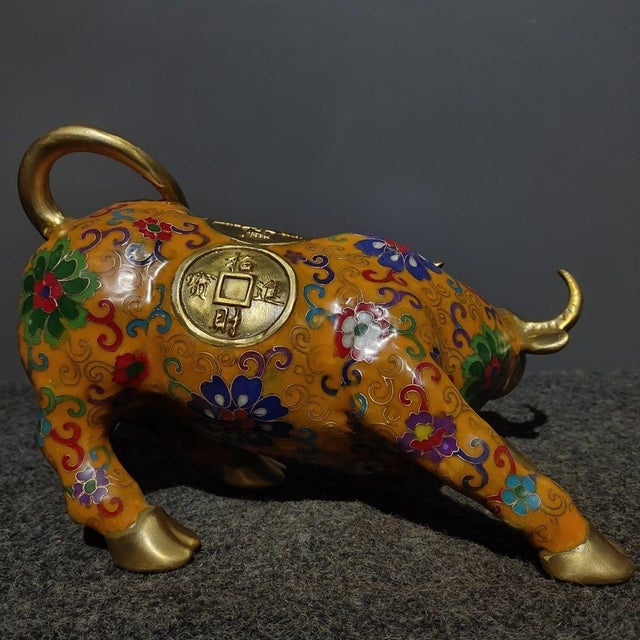 Mid 20th Century Vintage Cloisonne Enamel Bull Figurine – 9.8" Yellow Ground Gilt Ox Sculpture For Sale - Image 5 of 9