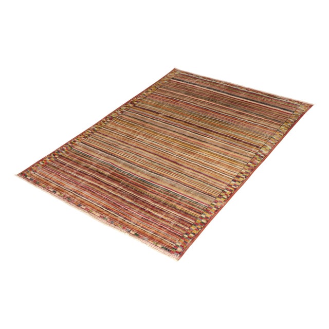 Rug & Kilim 1960s Distressed Midcentury Rug Beige Red Multi-Color Vintage Striped Pattern For Sale - Image 4 of 6