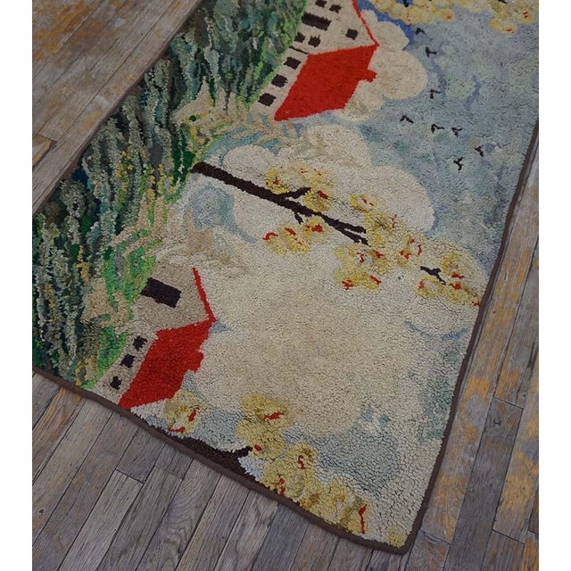 1930s Charming and Sweet Folk Art Farm and Cabin Design Antique American Hooked Rug For Sale - Image 5 of 11