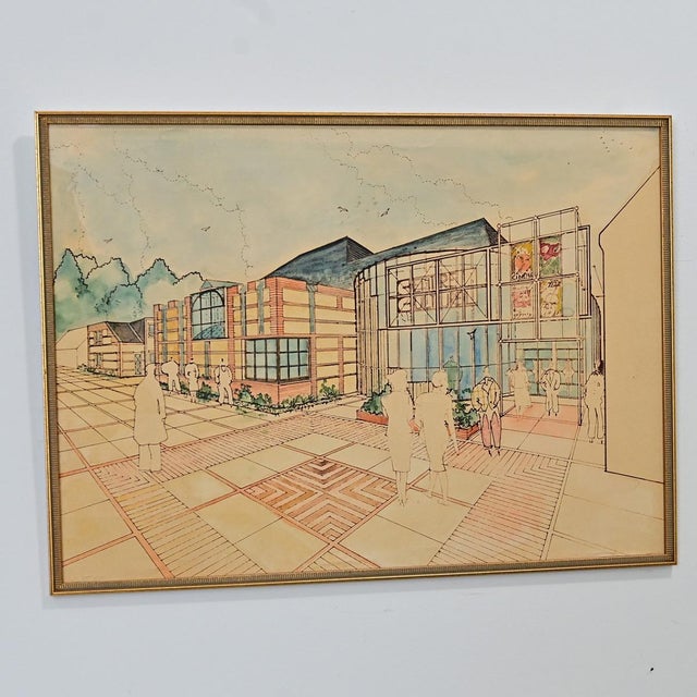 French vintage (circa 1980) hand-drawn and colored rendering of a proposed cultural center with pedestrian plaza. The...