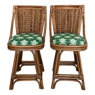 Rattan and Seagrass Swivel Bar Stools in a Bright Green Indoor Outdoor Palm Fabric For Sale
