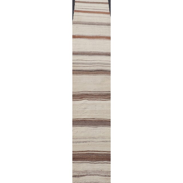 Vintage Narrow Turkish Kilim Runner With Beige and Soft Brown Stripes For Sale - Image 9 of 13