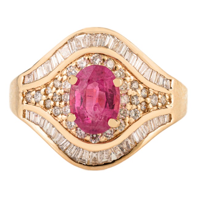 1 Carat Oval Ruby & Cluster Diamond Art Deco Statement Ring Size 7 in 14k Gold For Sale