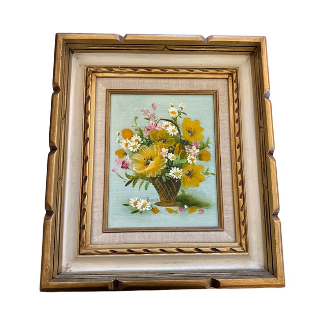 Charming vintage floral still life oil painting featuring a cheerful basket arrangement of yellow poppies, daisies, and...
