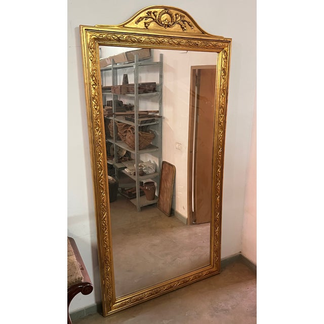 French 19th Century Symmetrical Large Vertical Gold Gilt Mirror With Crest 7.8Ft For Sale - Image 4 of 7