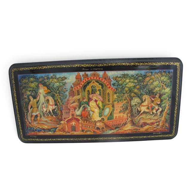 Authentic Russian Mstera lacquer casket box. Features a STUNNING hand-painted miniature panoramic scene inspired by...