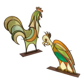 Mid 20th Century Rare MCM Brass & Celluloid Rooster & Parrot Sculptures by Hans Hagenauer For Sale