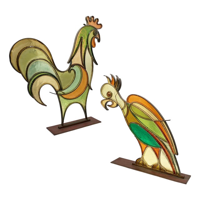Mid 20th Century Rare MCM Brass & Celluloid Rooster & Parrot Sculptures by Hans Hagenauer For Sale