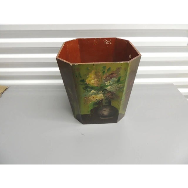Boho Chic Red and Green Wood Lacquered Finish Wastebasket For Sale - Image 3 of 6