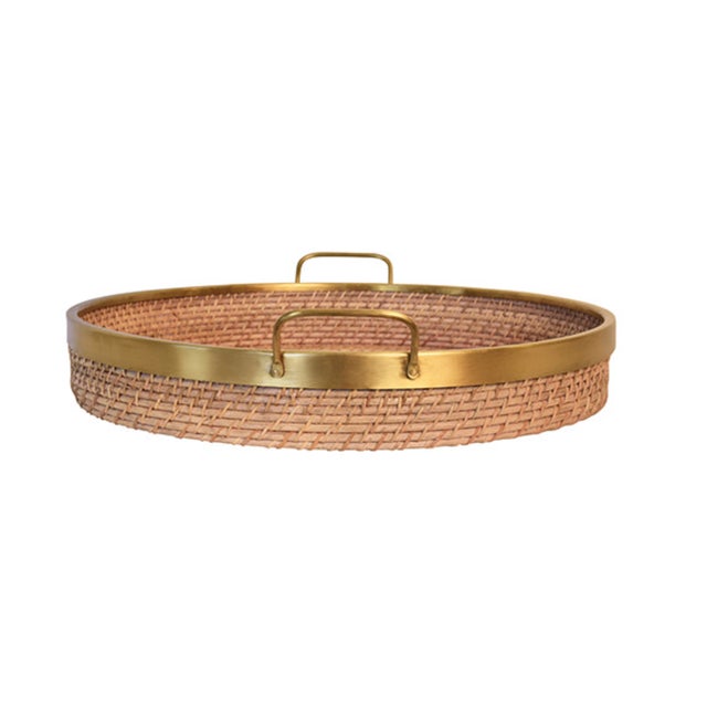 New special order item. Not vintage. Bring a touch of woven warmth to your table with this charming round rattan tray....