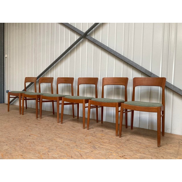 Danish Modern Teak Chairs from K.S. Mobler. Teak wood and green upholstery fabric. Set of 6. This piece has an attribution...