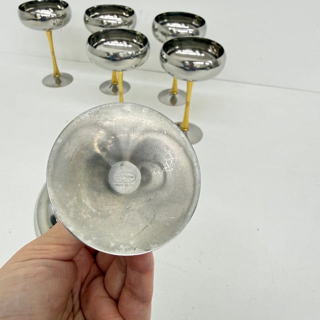 Mid-Century Italian Stainless Steel and Brass Champagne Coupes, 1970s, Set of 6 For Sale - Image 10 of 14
