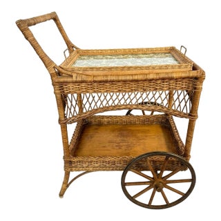 Heywood Wakefield Wicker Rolling Bar Cart Tea Cart With Removable Glass Tray For Sale