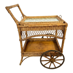 Heywood Wakefield Wicker Rolling Bar Cart Tea Cart With Removable Glass Tray