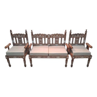 Indian Rosewood Inlaid Settee and Armchairs, Set of 3 For Sale