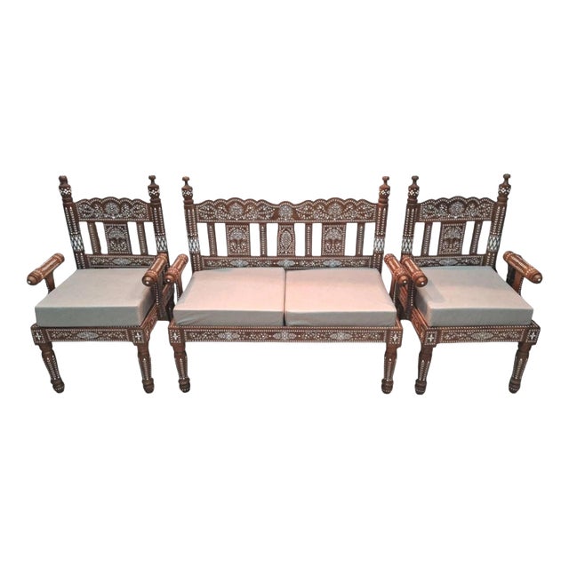 Indian Rosewood Inlaid Settee and Armchairs, Set of 3 For Sale