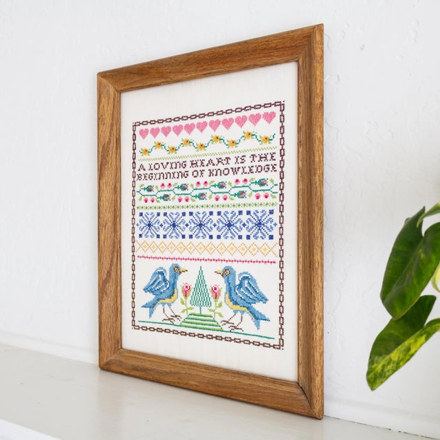 Scandinavian Folk Style Embroidered Textile Wall Art With Thomas Carlyle Quote For Sale - Image 4 of 8